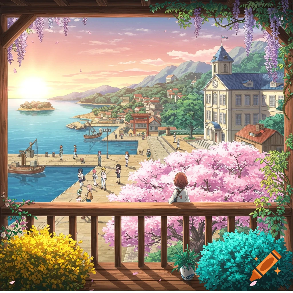 Anime-style coastal town at sunrise, viewed from a balcony adorned with flowering plants. A harbor, village, and a large boarding school are visible.