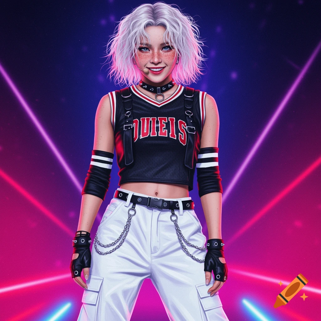 Smiling woman with white messy hair, freckles, black cropped jersey, white cargo pants, and chains on a neon-lit stage. Digital art.