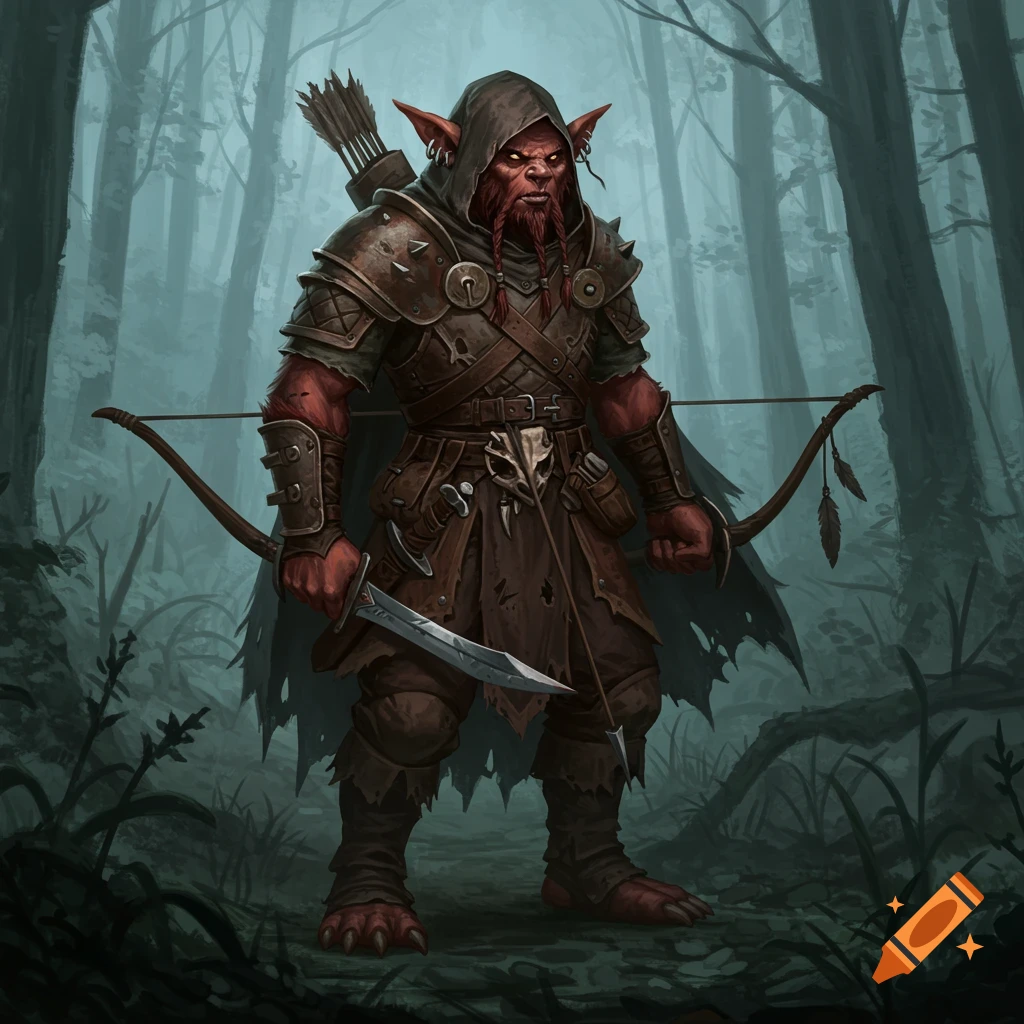 A red-skinned, bearded goblinoid or bugbear in studded leather armor, holding a knife and bow, stands in a misty forest.