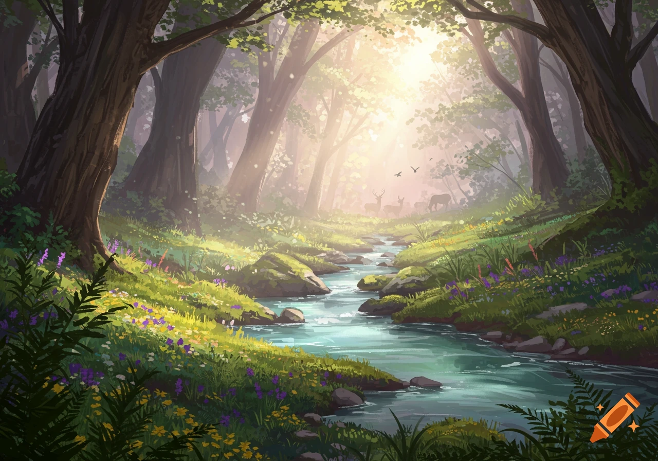 A vibrant, painterly forest glen with a winding stream, sunbeams filtering through trees, and deer in the distance.
