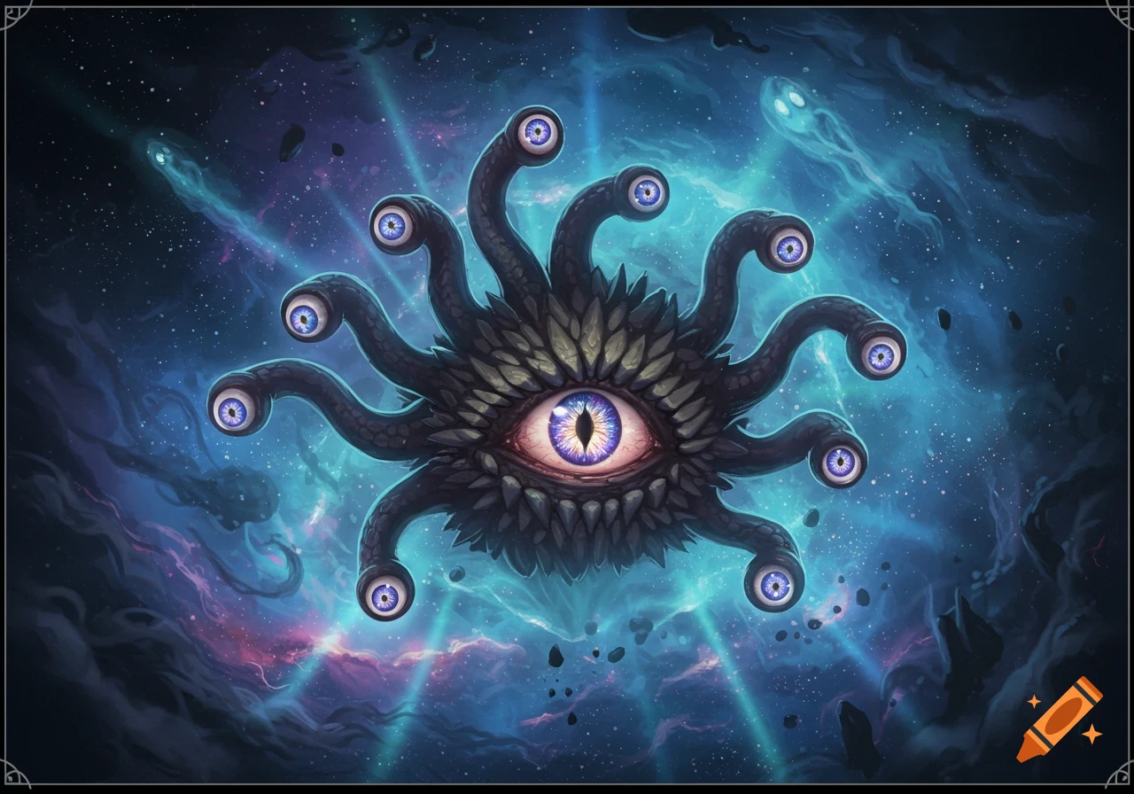 A dark, multi-eyed fantasy monster, resembling a beholder, floats in a vibrant cosmic nebula with stars and glowing energy.
