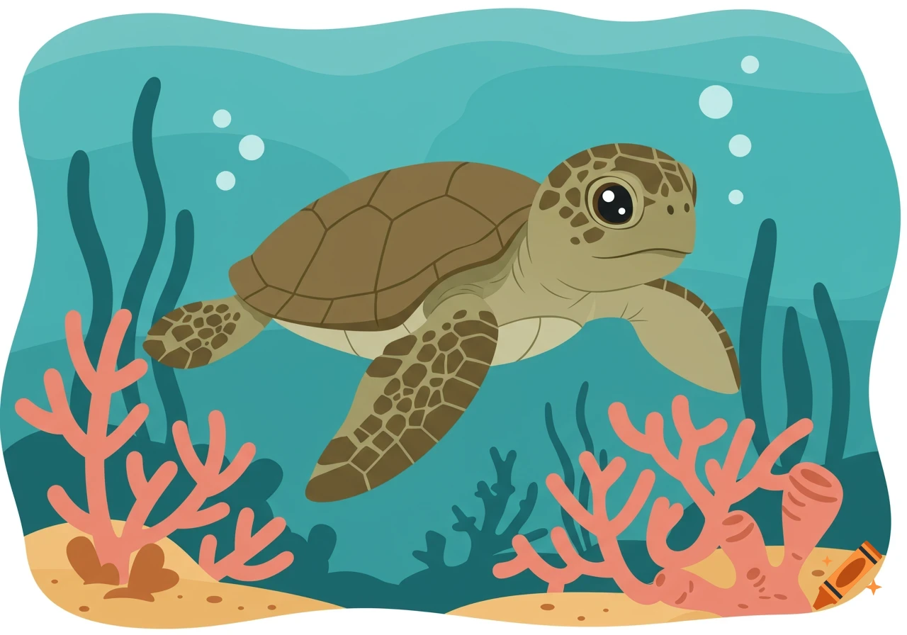 A cute baby sea turtle swims through a vibrant coral reef, cartoon illustration.