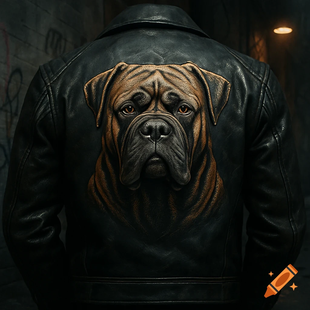 A person wearing a black leather jacket with a detailed mastiff dog's face emblazoned on the back, standing in a dark, urban alleyway.