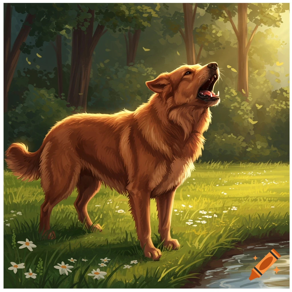 A brown dog howls with its head raised in a sunny, green forest next to a stream, digital painting.