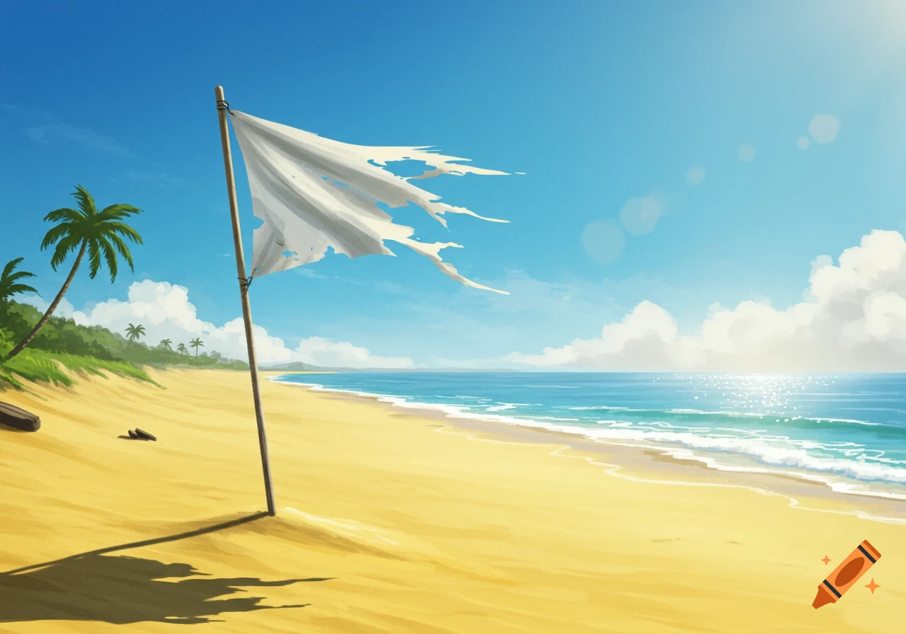 Stylized illustration of a torn white flag on a sandy beach with palm trees and ocean under a bright sky.