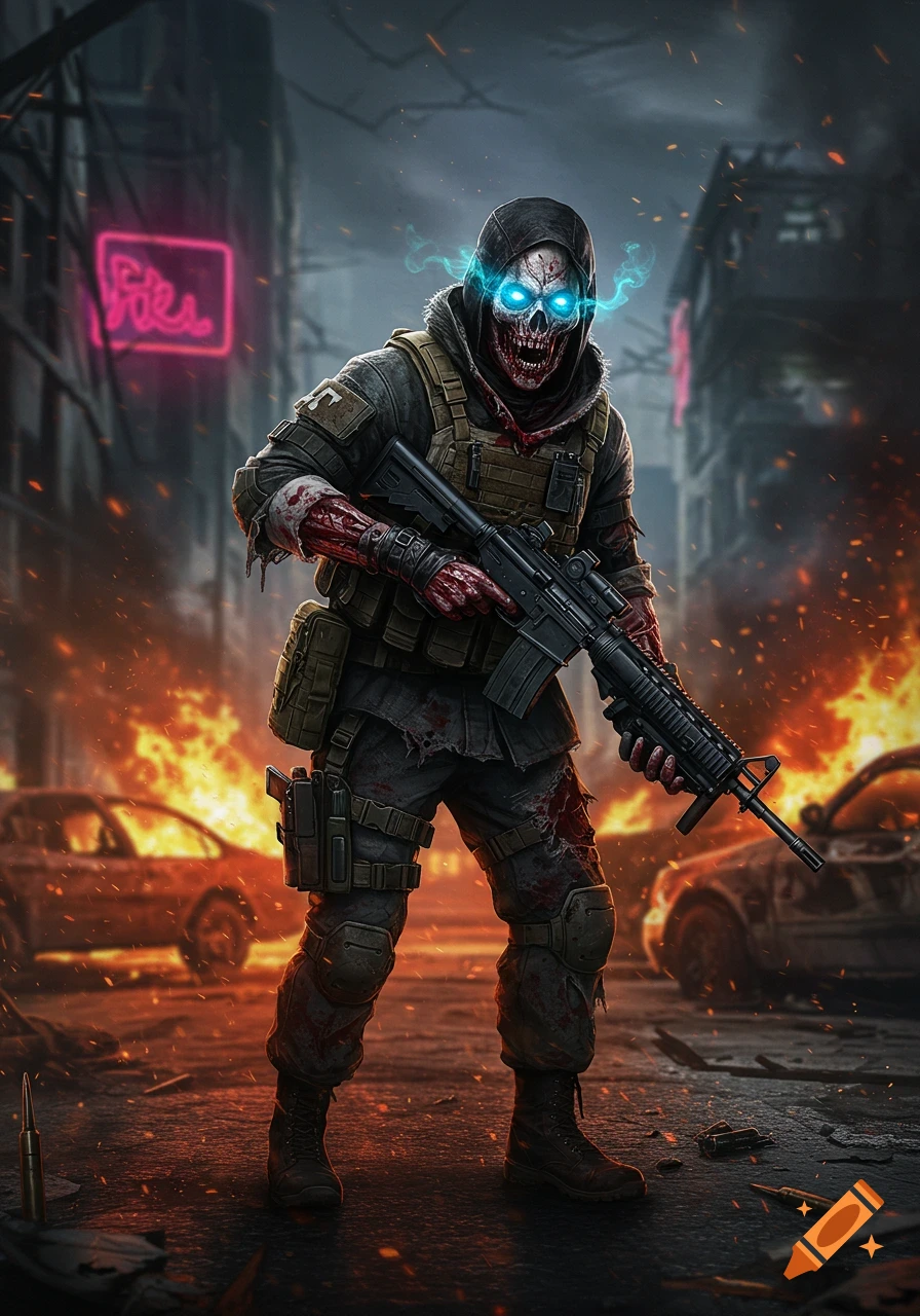 A zombie soldier with glowing blue eyes in tactical gear holds a rifle in a burning, post-apocalyptic city street.