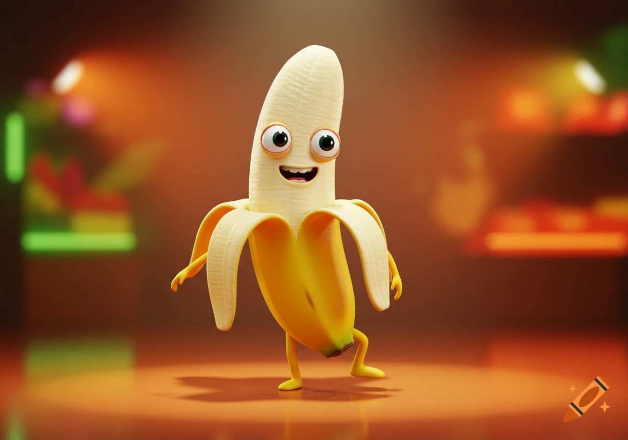 A cheerful, anthropomorphic banana character with big eyes and a smile, partially peeled, dancing in a warm, blurred background.
