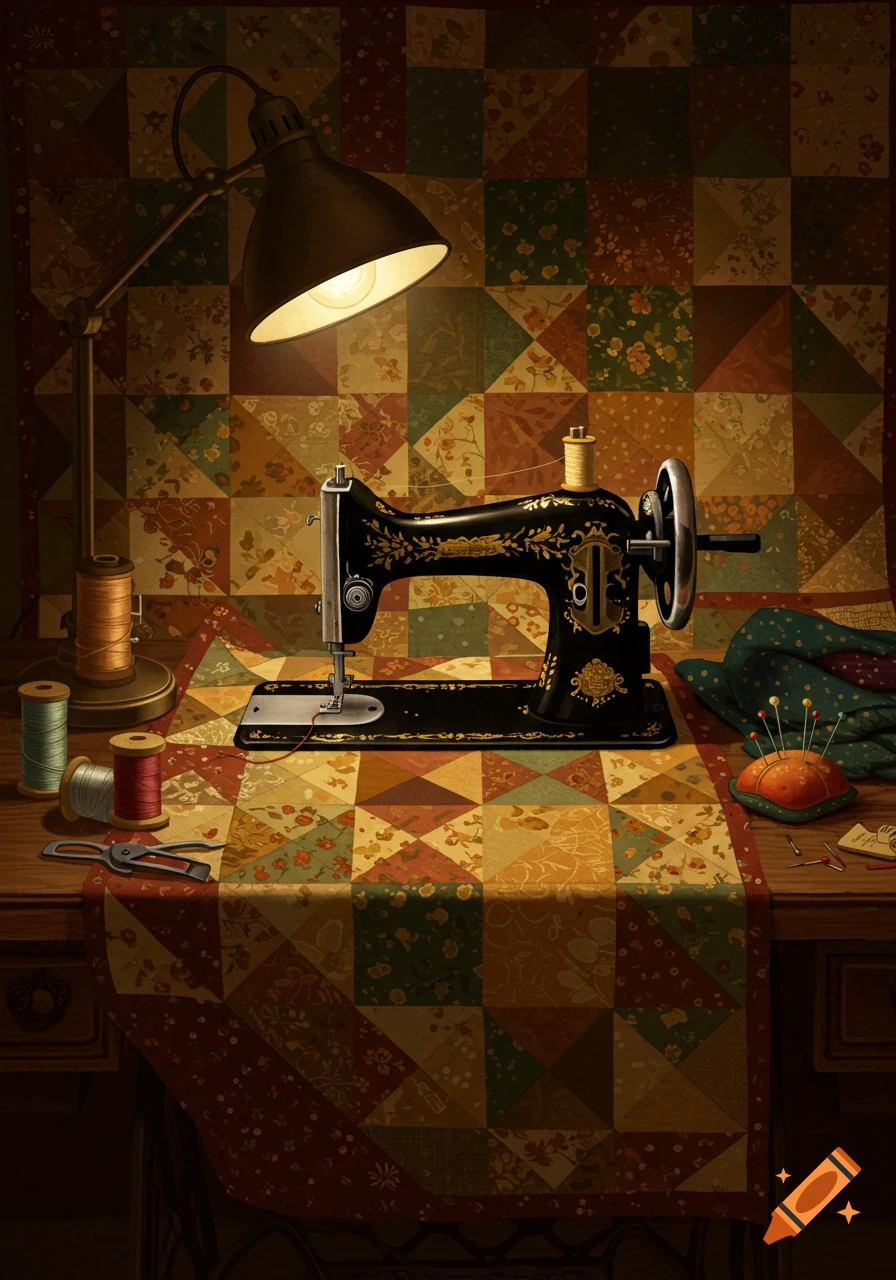 A vintage black and gold sewing machine sits on a wooden table covered by a colorful quilt, lit by a desk lamp, with spools of thread and a pincushion.