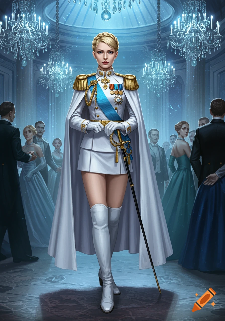 A blonde female officer in white uniform, cape, short skirt, and boots stands in a grand ballroom, holding a sword.
