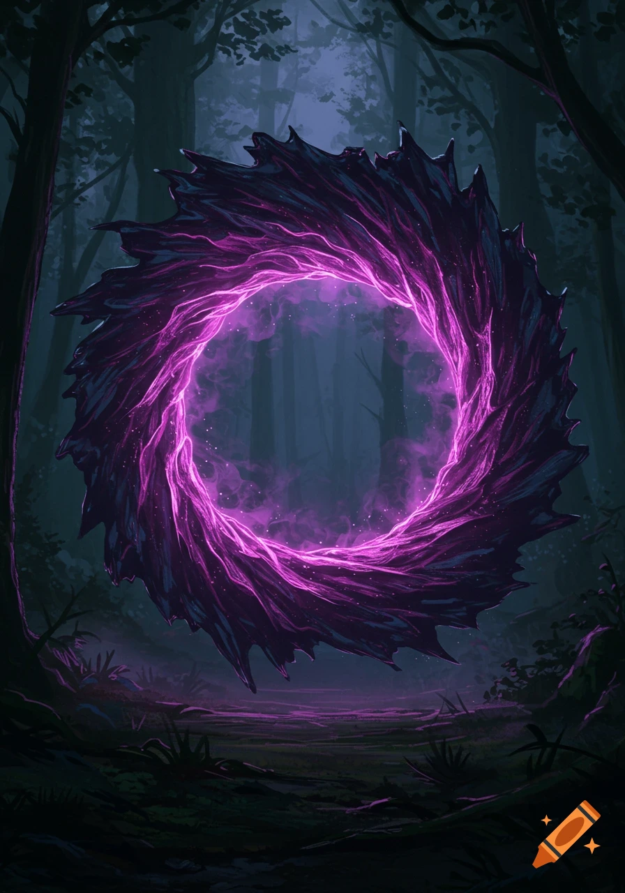 A glowing, swirling purple portal with jagged edges floats in a dark, misty forest at night.