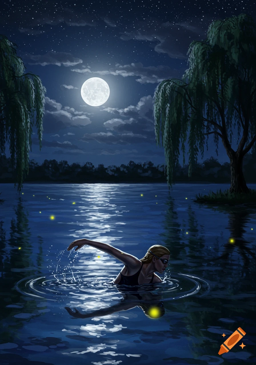 A woman in a swimsuit swims in a moonlit lake at night, surrounded by willow trees and glowing fireflies.