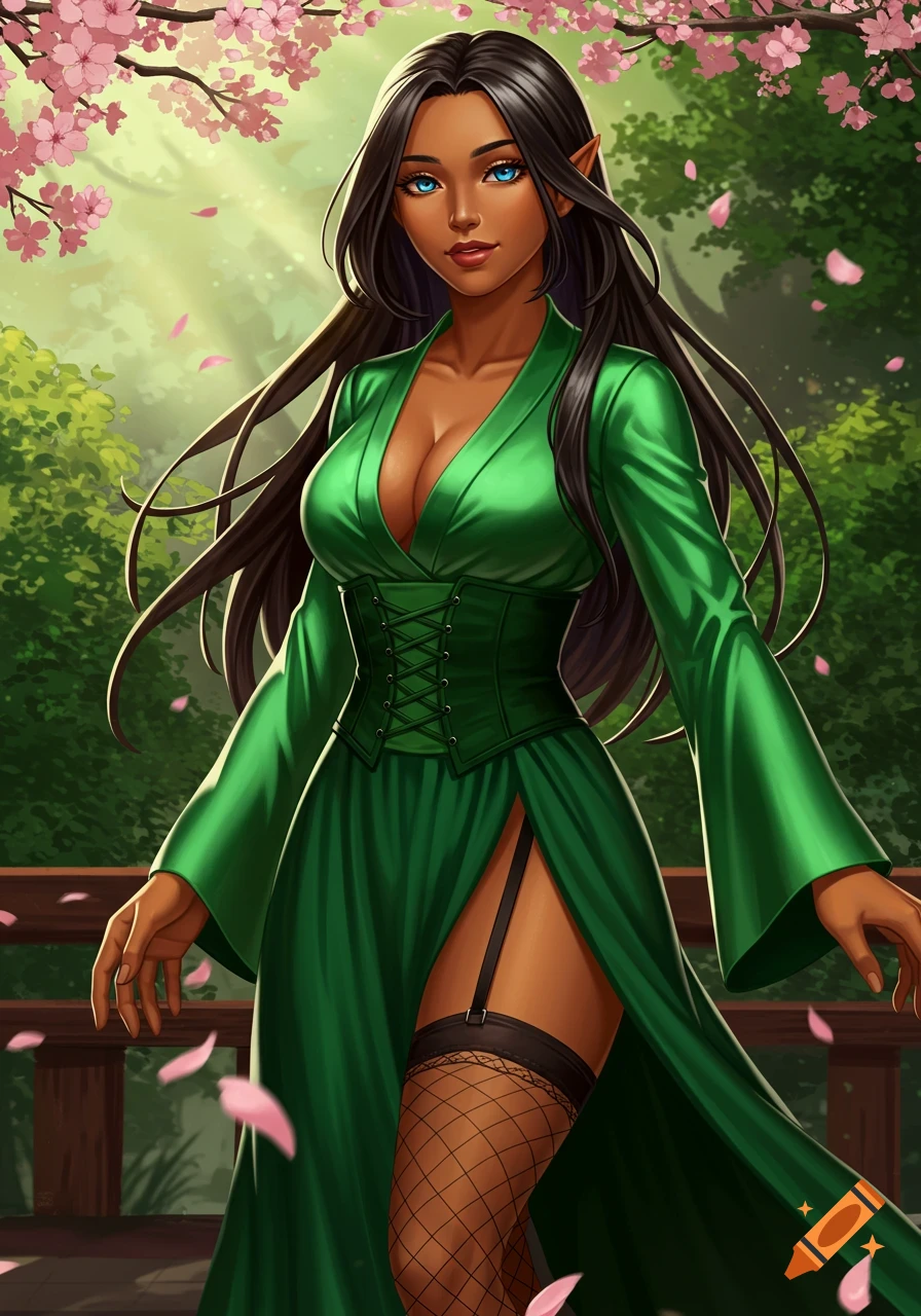 A beautiful elf-like woman with long dark hair and blue eyes, wearing a green dress and fishnet stockings, stands in a cherry blossom garden. Digital art.