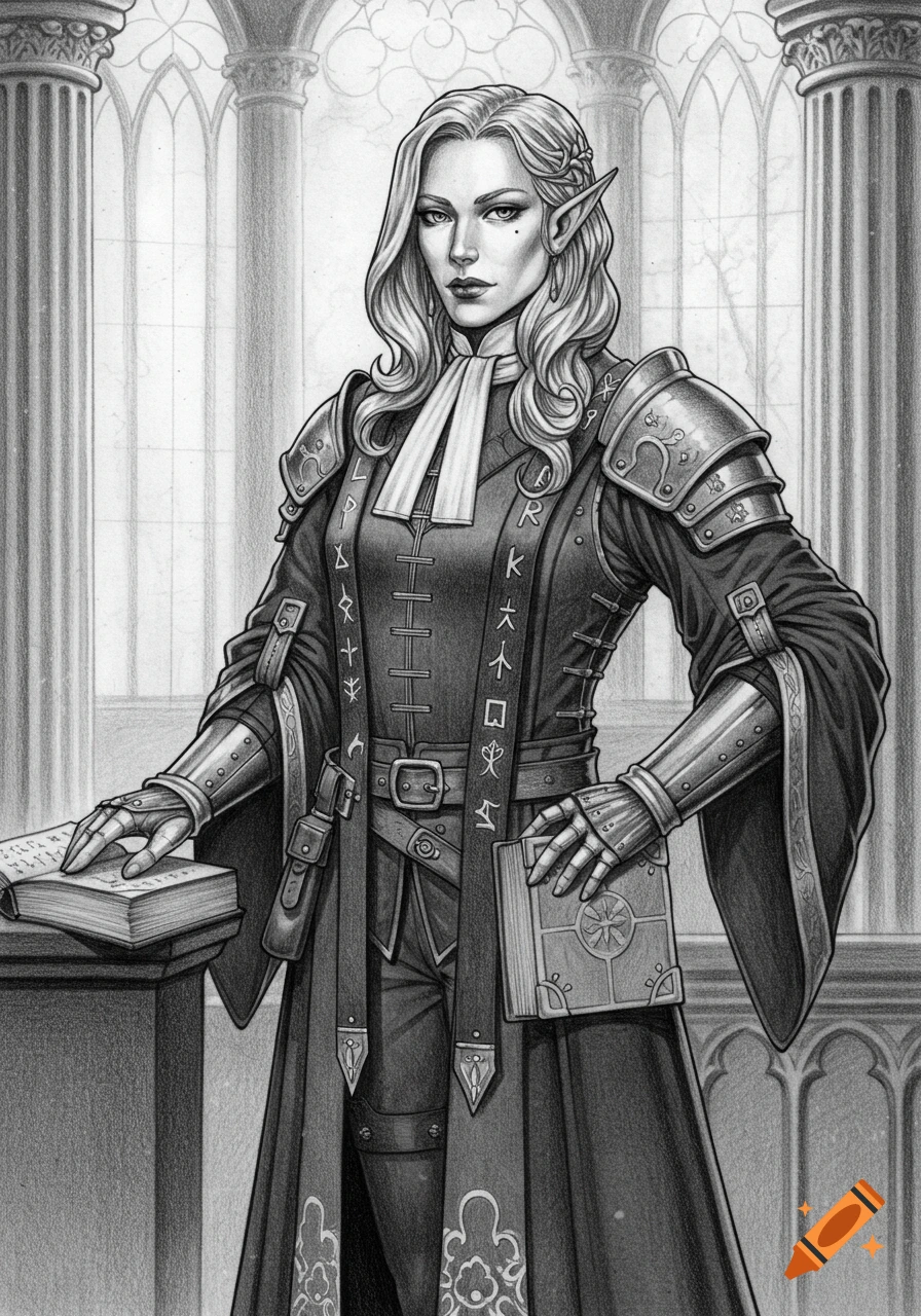 Pencil drawing of a female fantasy character with long blonde hair and pointy ears, wearing armored robes, standing with books in a gothic setting.