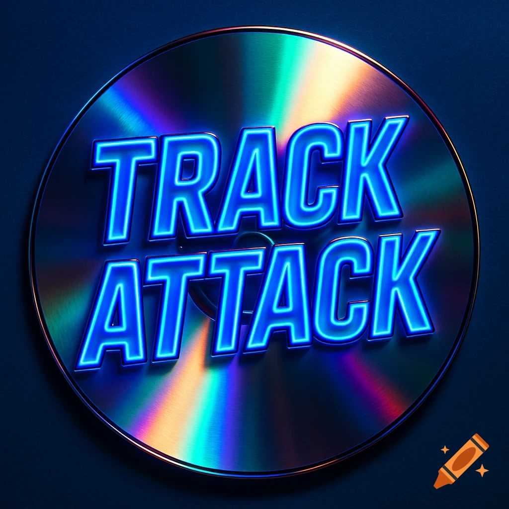 A holographic music disc with glowing blue neon text 'TRACK ATTACK' on a dark background.