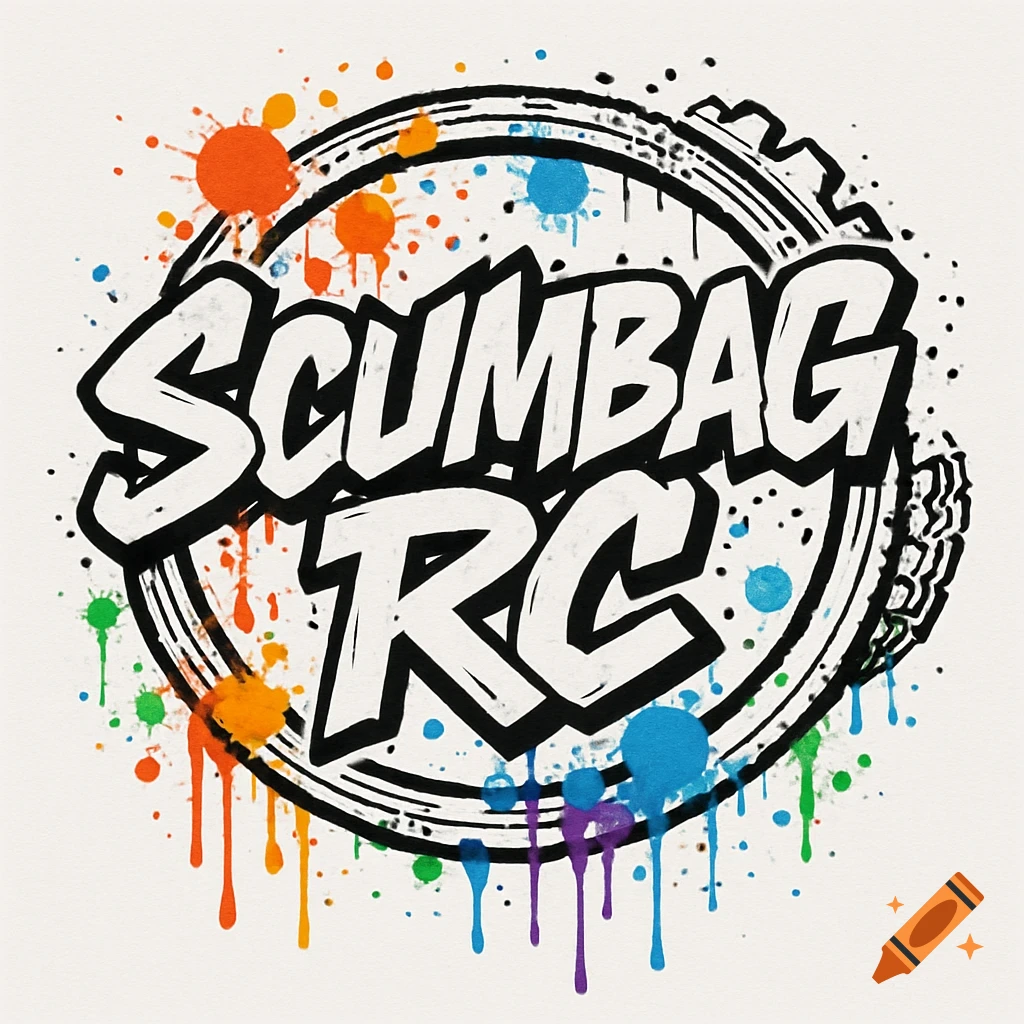 A circular logo with "Scumbag RC" in bold graffiti font, surrounded by colorful paint splatters, drips, and tire tread patterns.