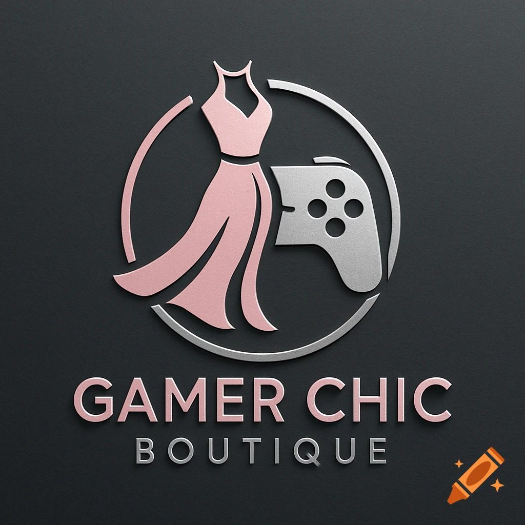 A metallic pink dress and a silver video game controller inside a silver circle logo on a dark gray background, with 'GAMER CHIC BOUTIQUE' text below.