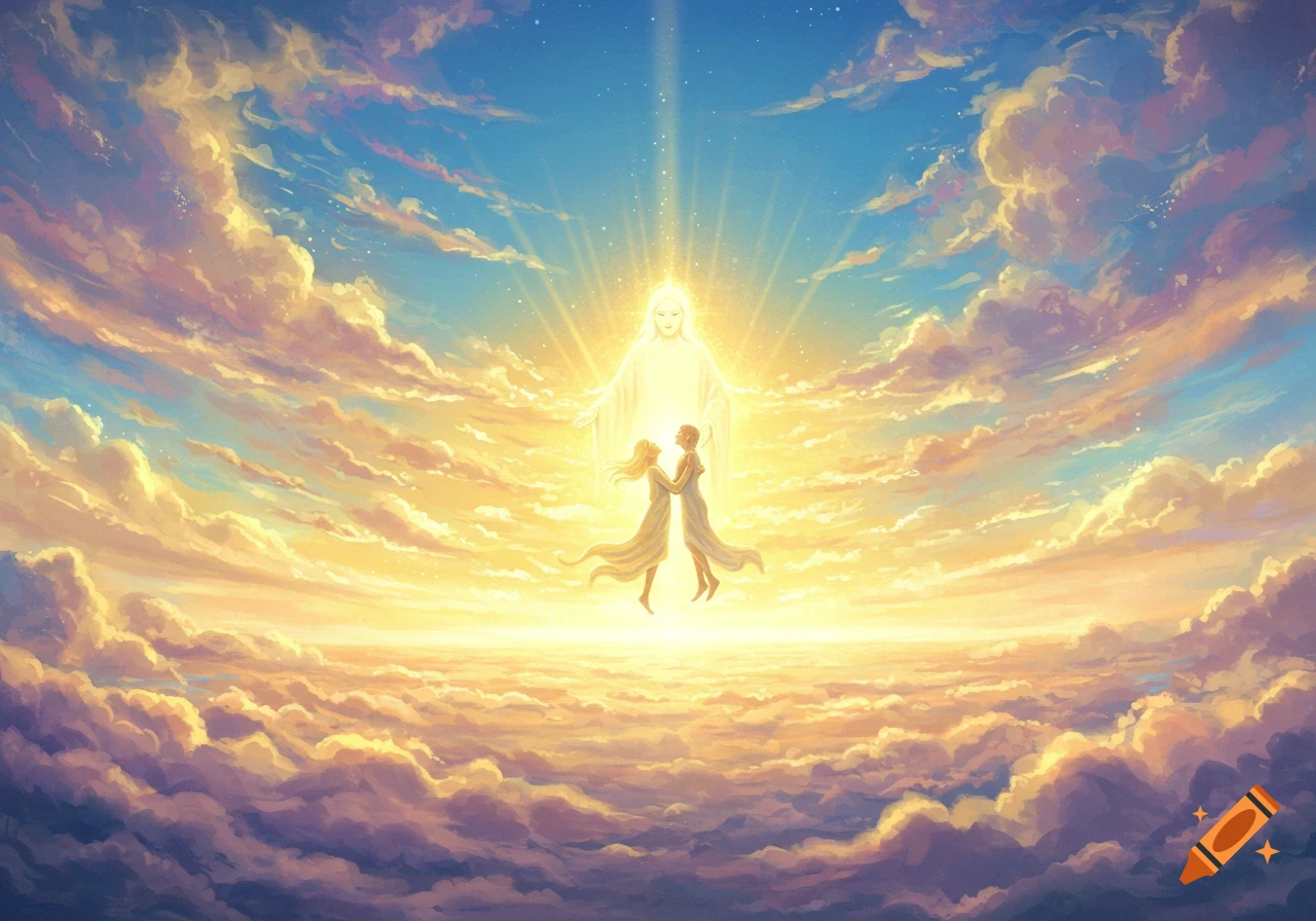 Two figures float in golden clouds receiving a blessing from a divine being in a bright, spiritual art style.