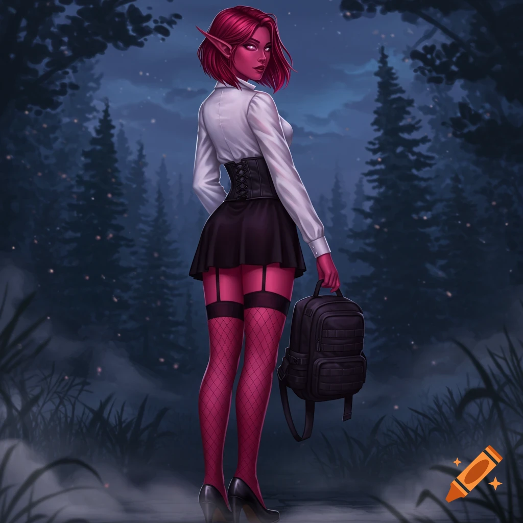 A dark red-skinned female elf in a white blouse, black corset, mini-skirt, fishnet stockings, and heels, holding a backpack in a misty forest at night.