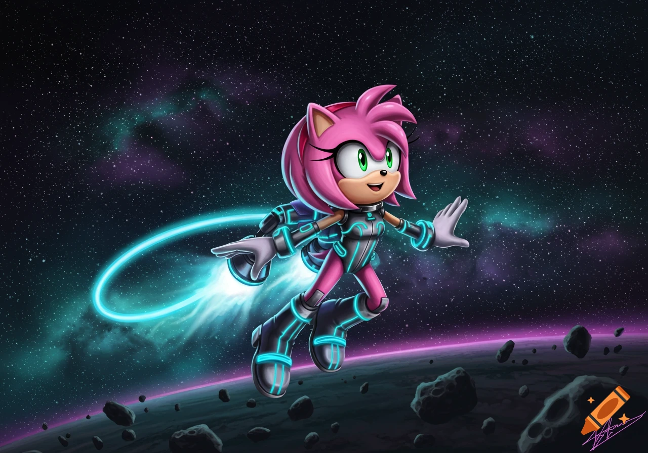 Amy Rose in a pink and neon blue spacesuit with a jetpack flies through starry space above a planet with asteroids.