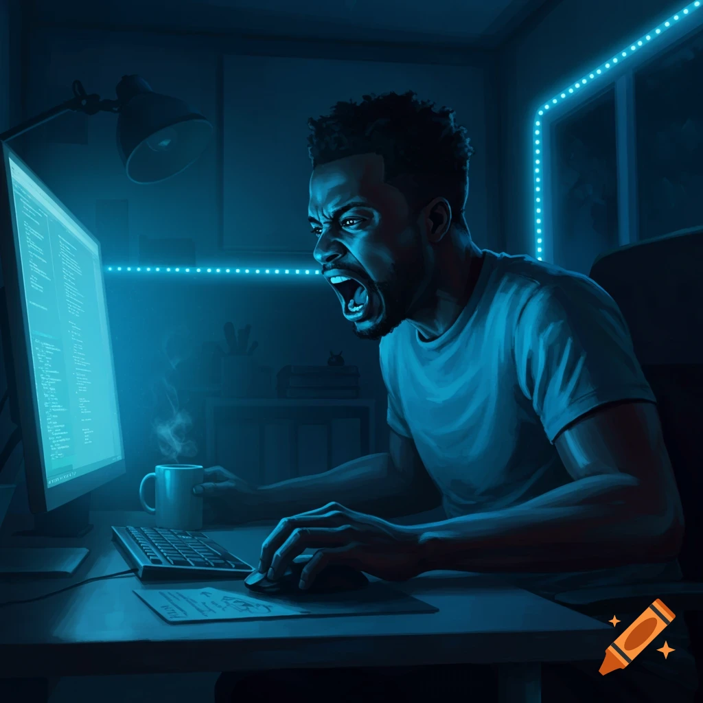 A dark-skinned person screams angrily at a computer monitor in a dark, blue-lit room, holding a coffee mug. Digital art.
