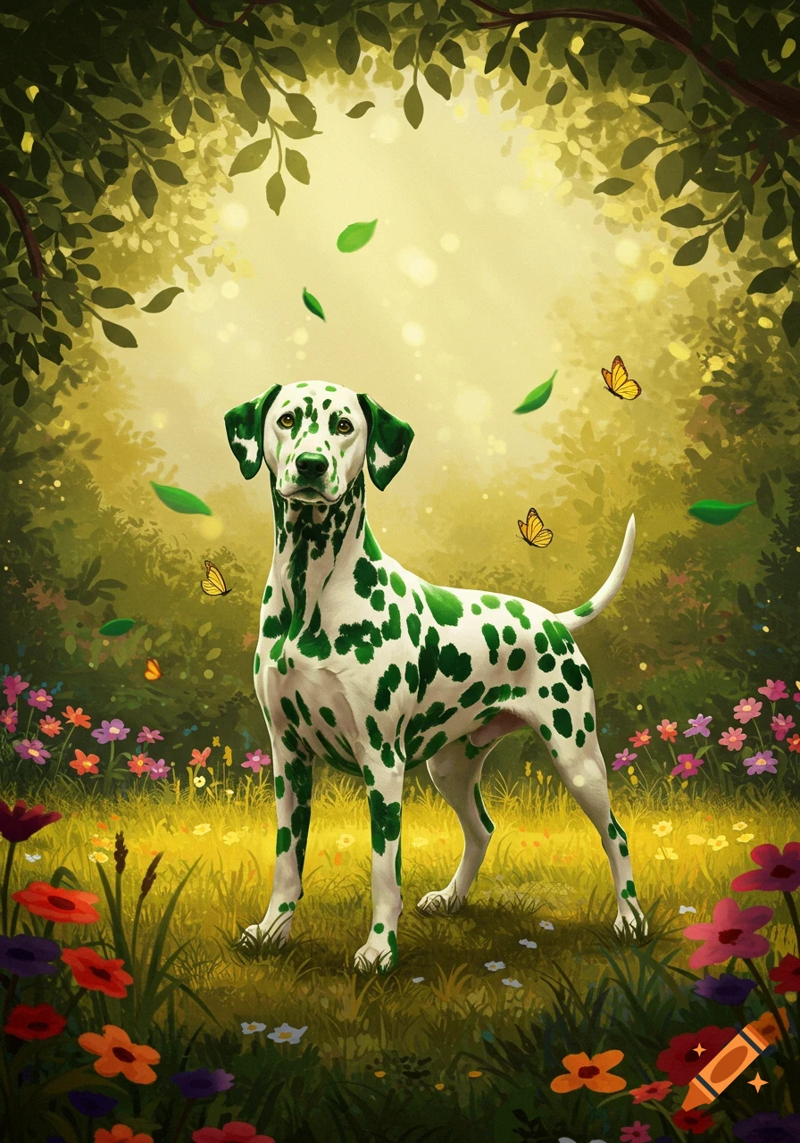 A whimsical illustration of a white Dalmatian with bright green spots standing in a lush, magical forest with colorful flowers and butterflies.