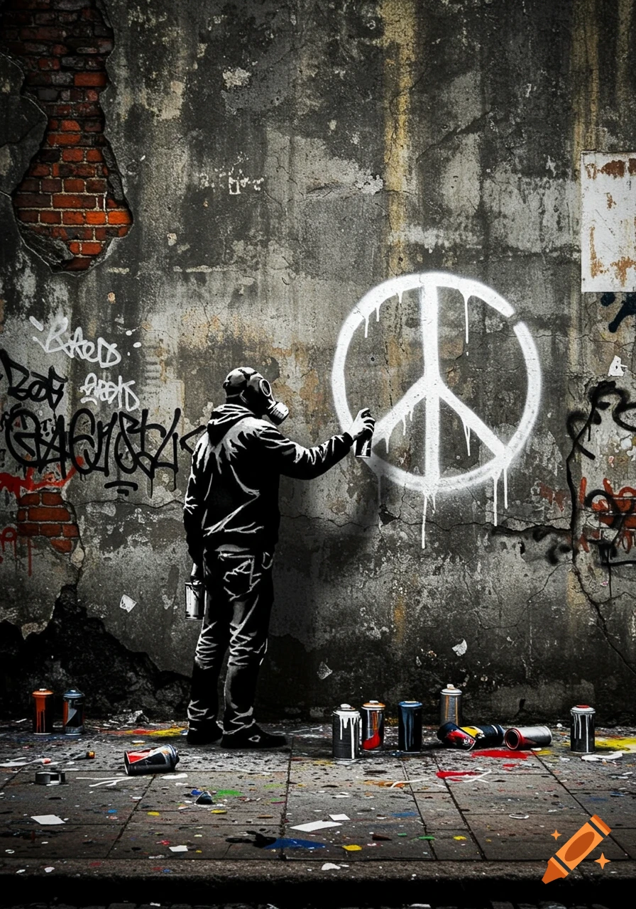 A Banksy-style image of a man in a gas mask spray painting a large white peace symbol on a gritty, graffiti-covered wall.
