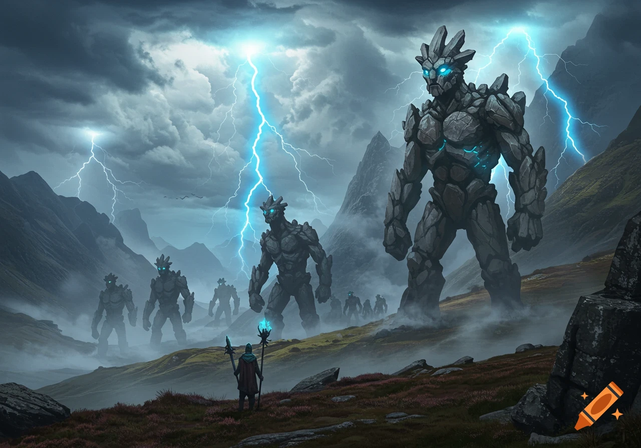 A lone figure faces an army of towering rock monsters with glowing eyes in a stormy mountain valley under lightning strikes.