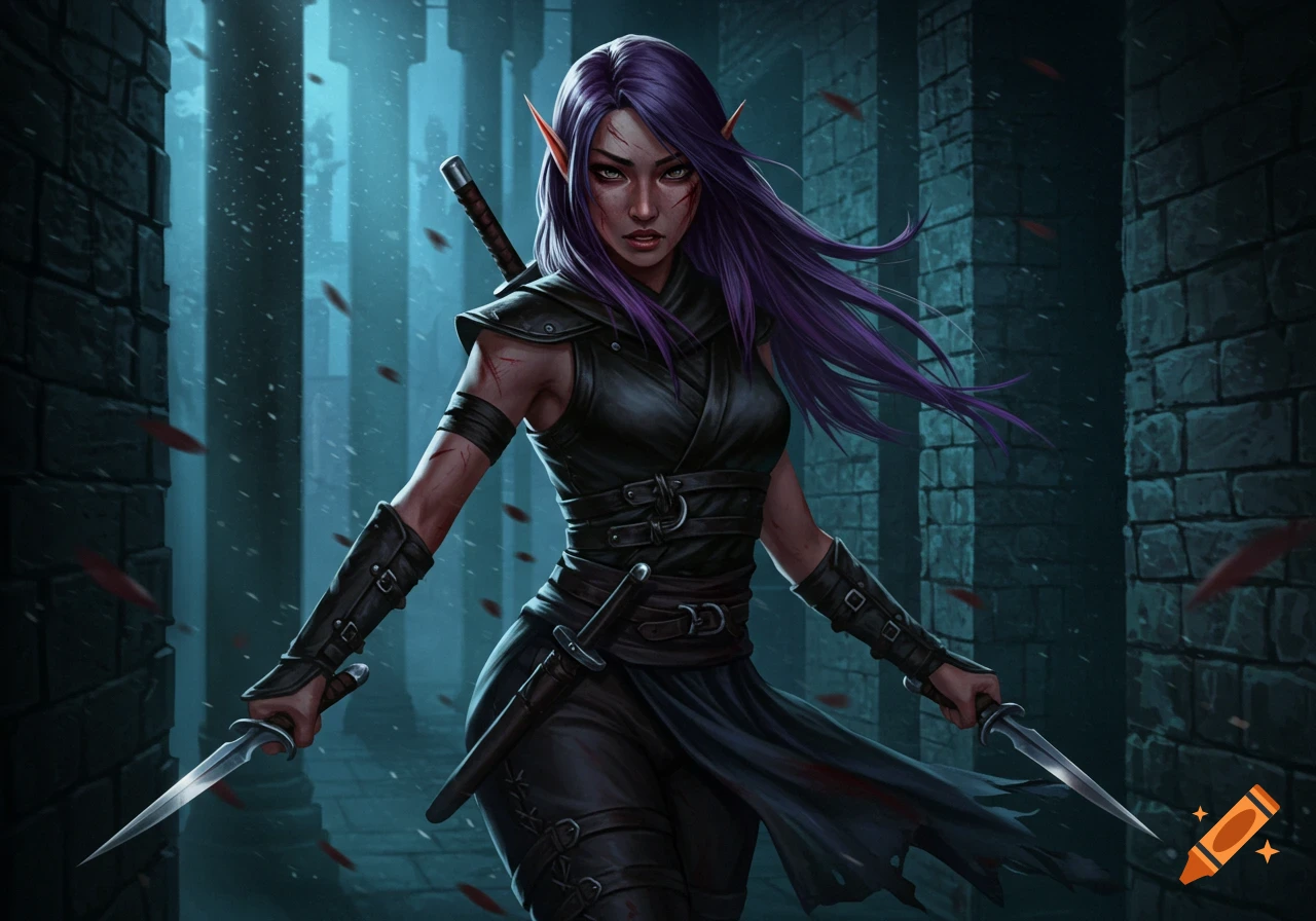 A female elf ninja with purple hair, scarred face, and black leather armor, holding daggers in a dark corridor, digital art style.