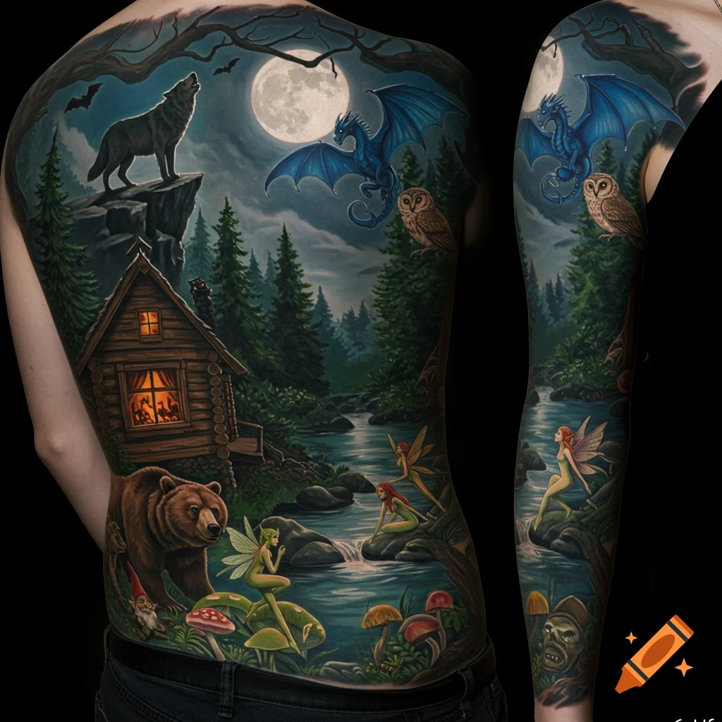 A full back and arm tattoo depicting a vibrant fantasy forest scene at night, with a howling wolf, a blue dragon, a cabin, fairies, a bear, and gnomes under a full moon.