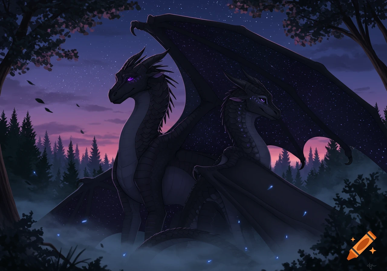 Two dark dragons with starry wings and purple eyes stand in a misty twilight forest under a starry sky, fantasy illustration.