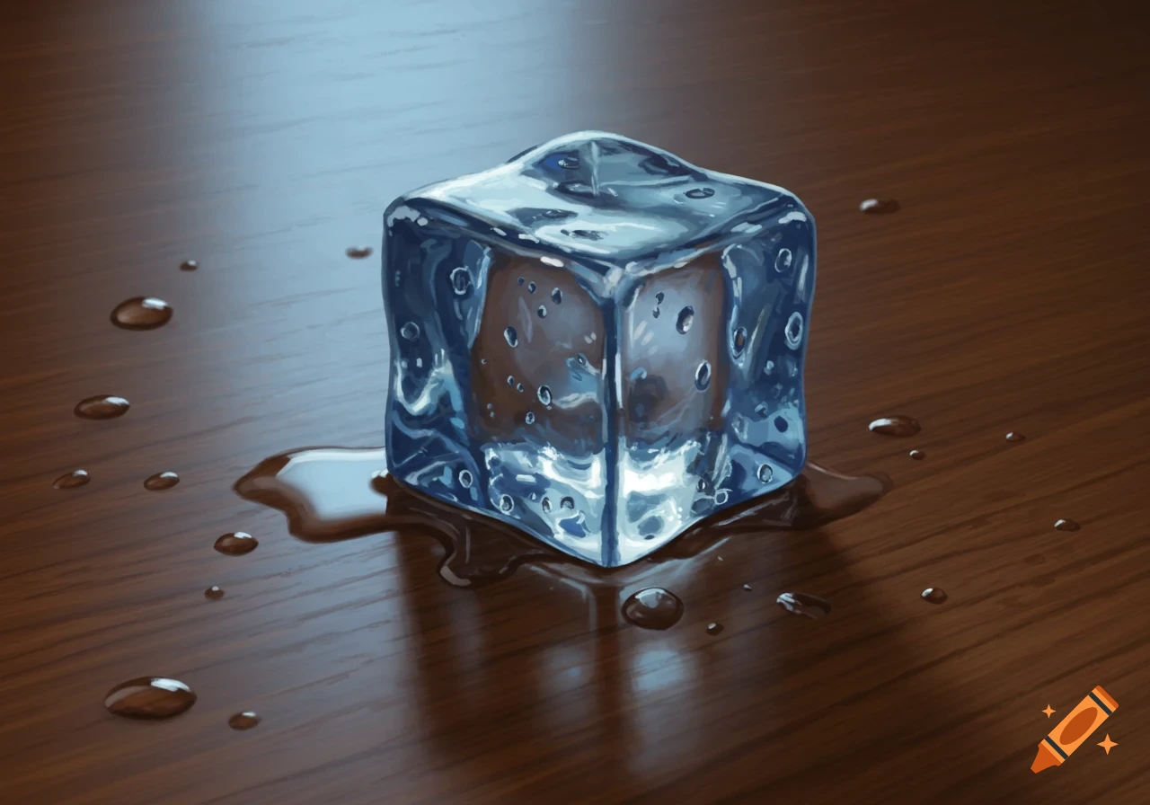 A melting, glossy ice cube with air bubbles sits on a dark brown wooden surface, surrounded by water puddles and droplets.