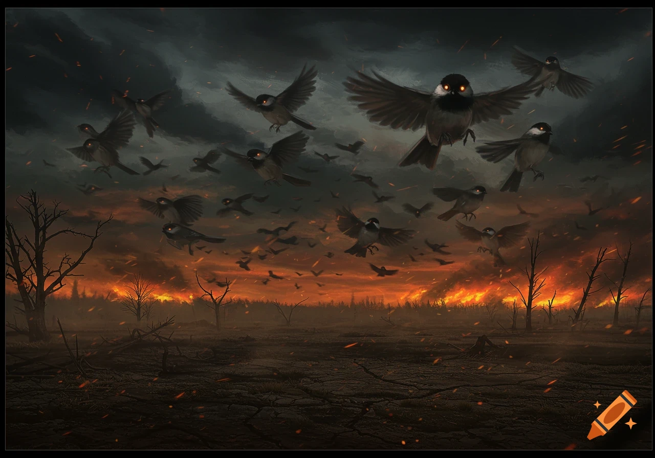 Dark fantasy digital painting of a flock of birds with glowing eyes flying over a desolate, burning apocalyptic landscape with dead trees.