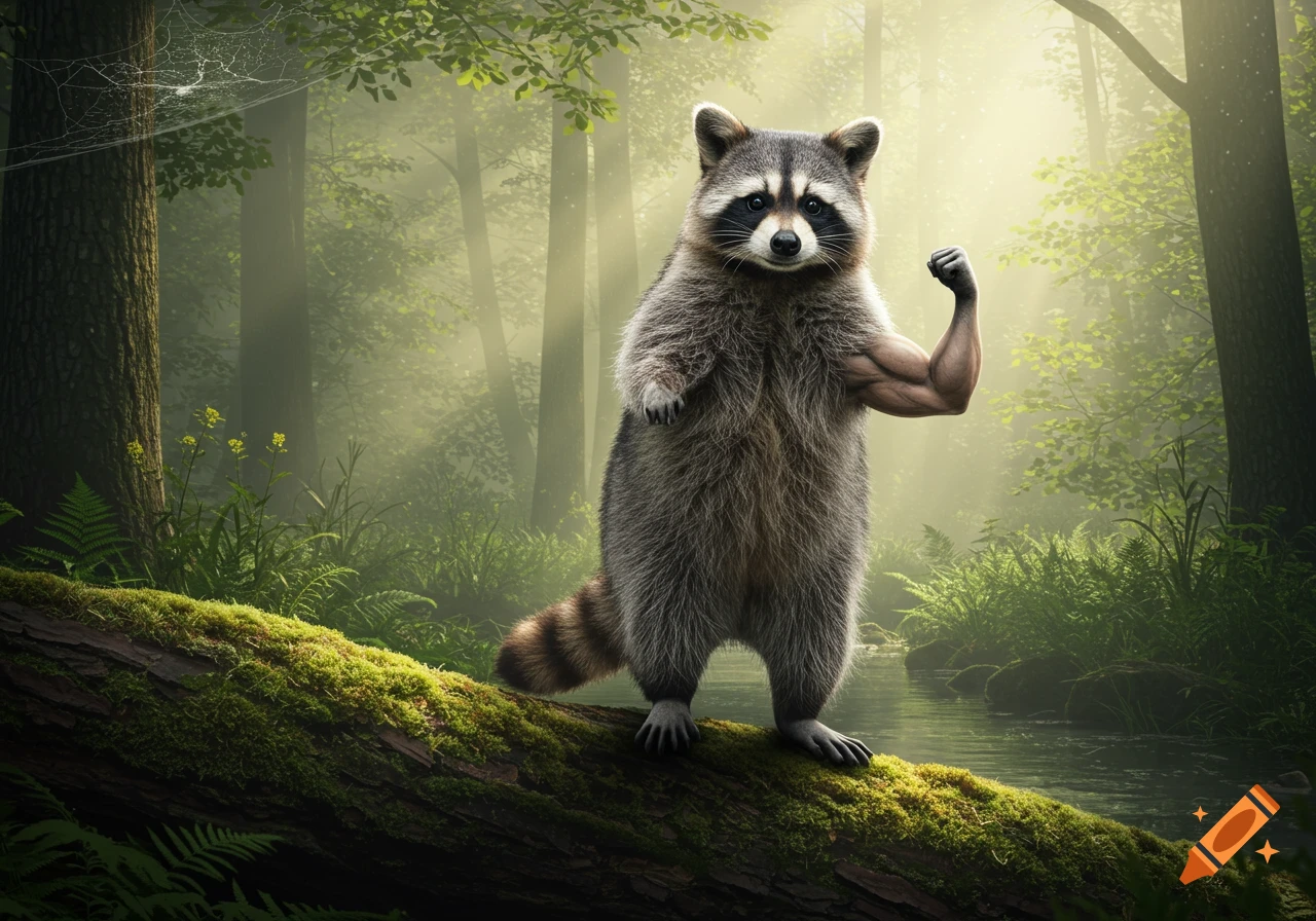 A muscular raccoon stands on a mossy log in a sunlit forest, flexing its bicep.