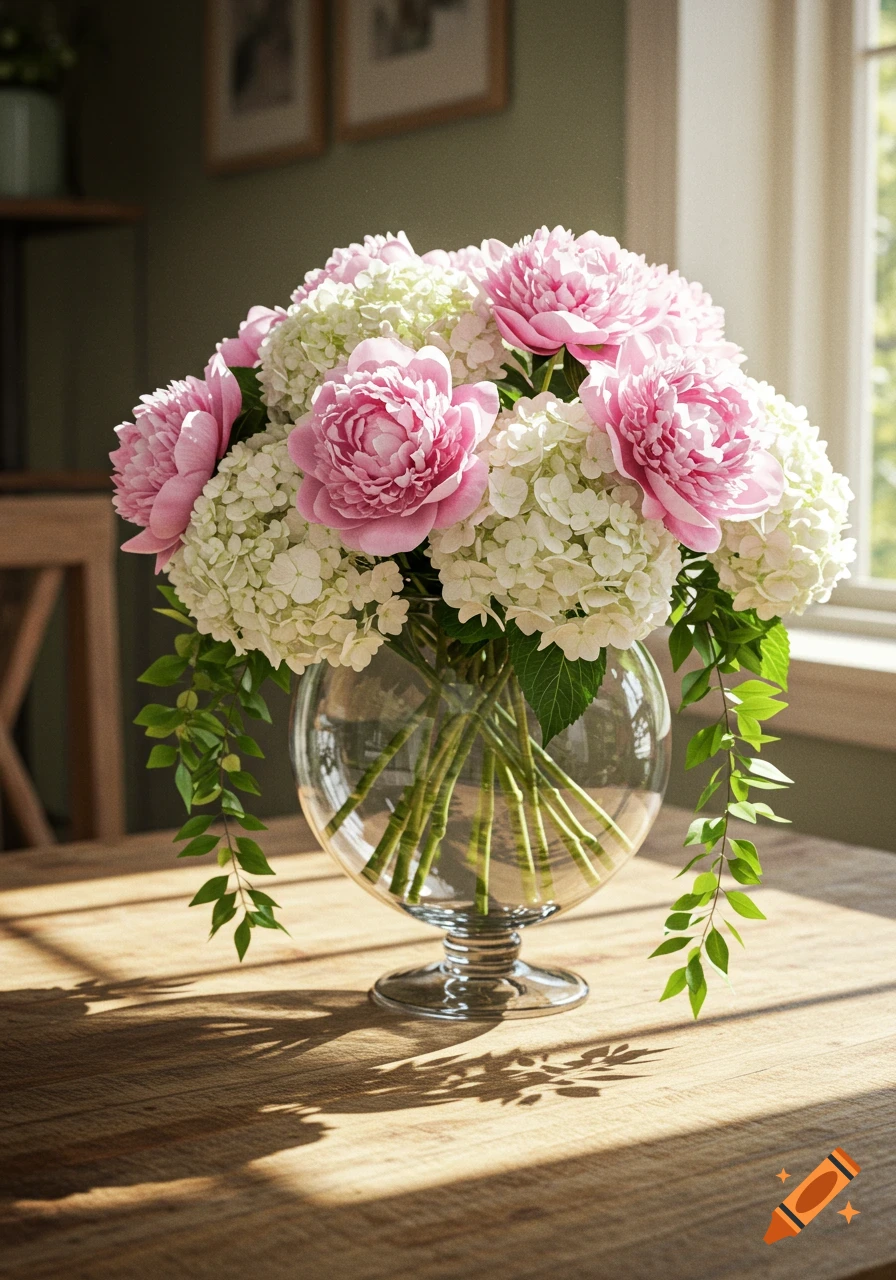 Photorealistic bouquet of pink peonies and white hydrangeas in a glass vase on a sunlit wooden table.