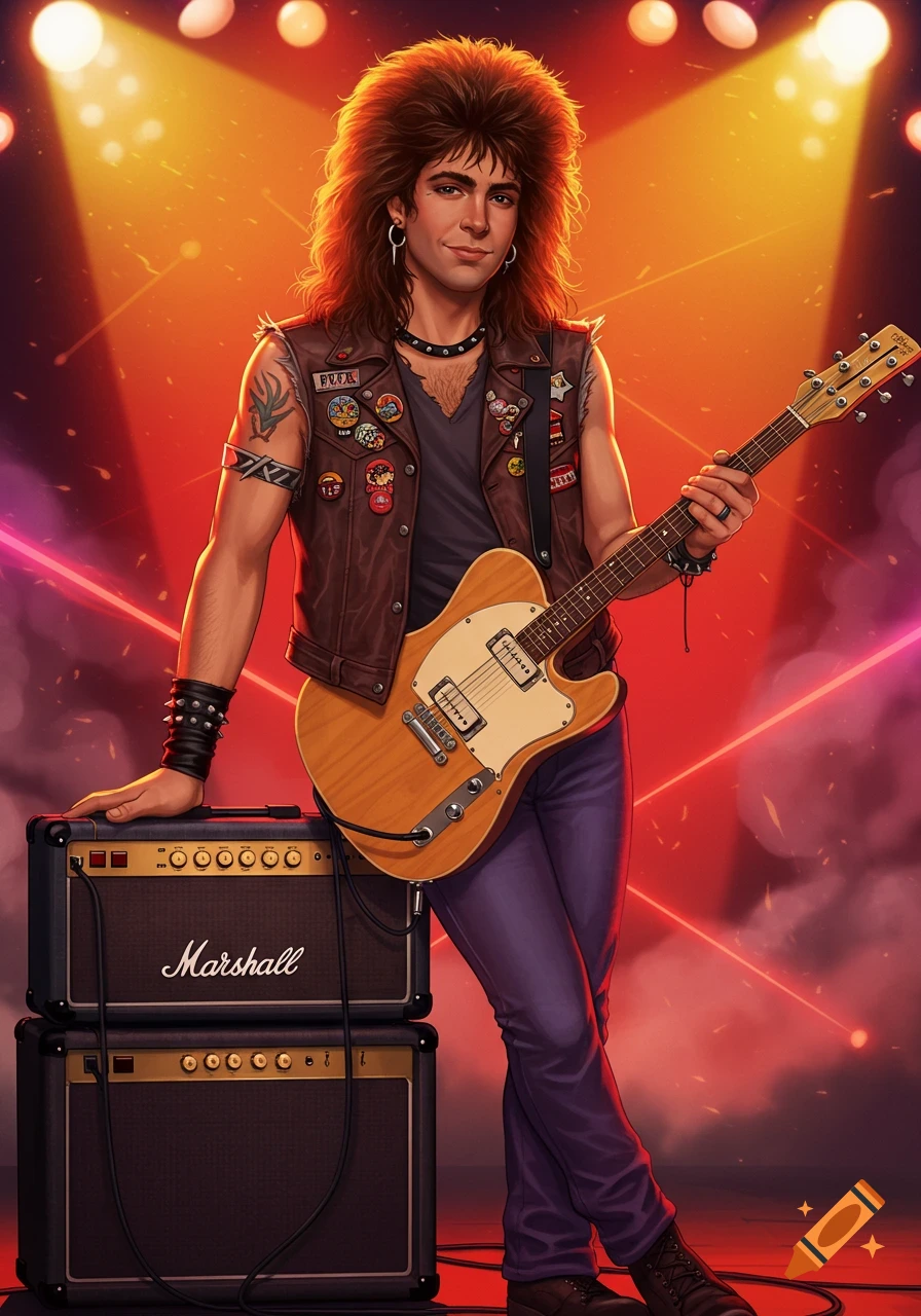An illustration of an 80s rocker with long brown hair, wearing a brown leather vest and purple pants, holding an electric guitar and leaning on a Marshall amplifier on a stage with orange and pink lights.