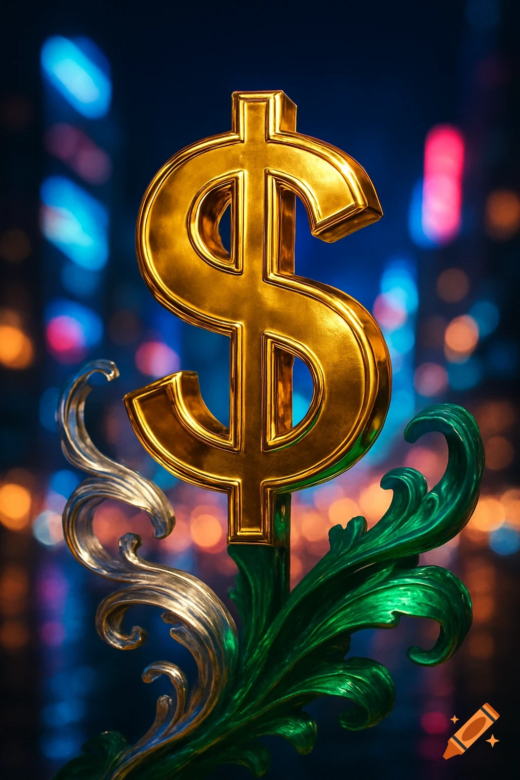 A shiny golden dollar sign stands on ornate silver and green decorative elements against a blurry background of city lights.