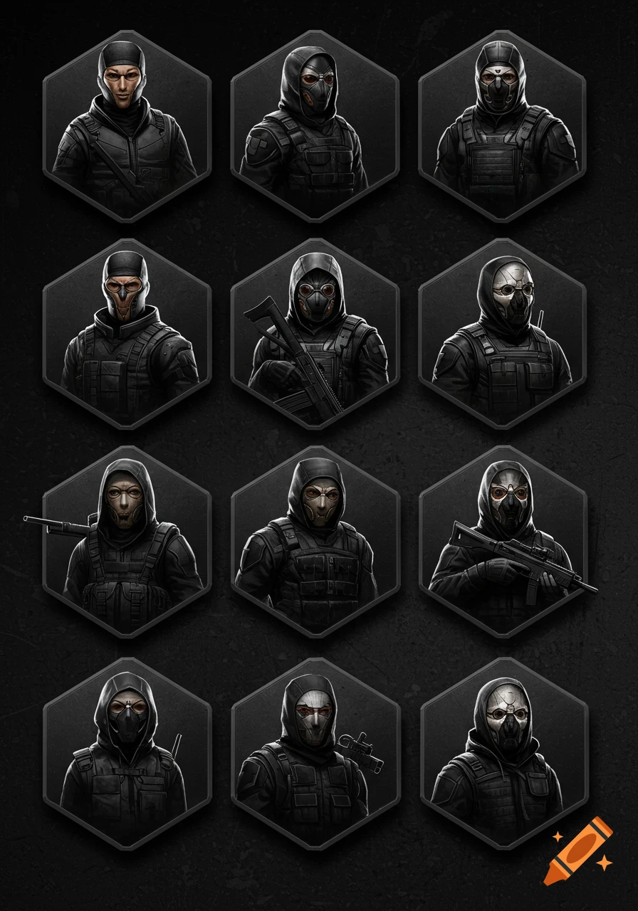 Twelve hexagonal game tokens displaying masked military figures in black tactical gear, some with weapons, against a dark background.