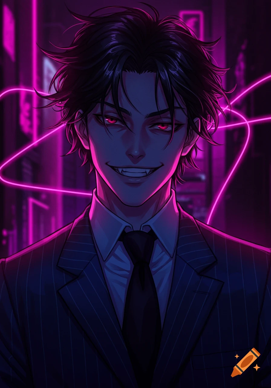 Anime character of a man with glowing red eyes and fangs, wearing a pinstripe suit, against a dark background with neon pink lines.