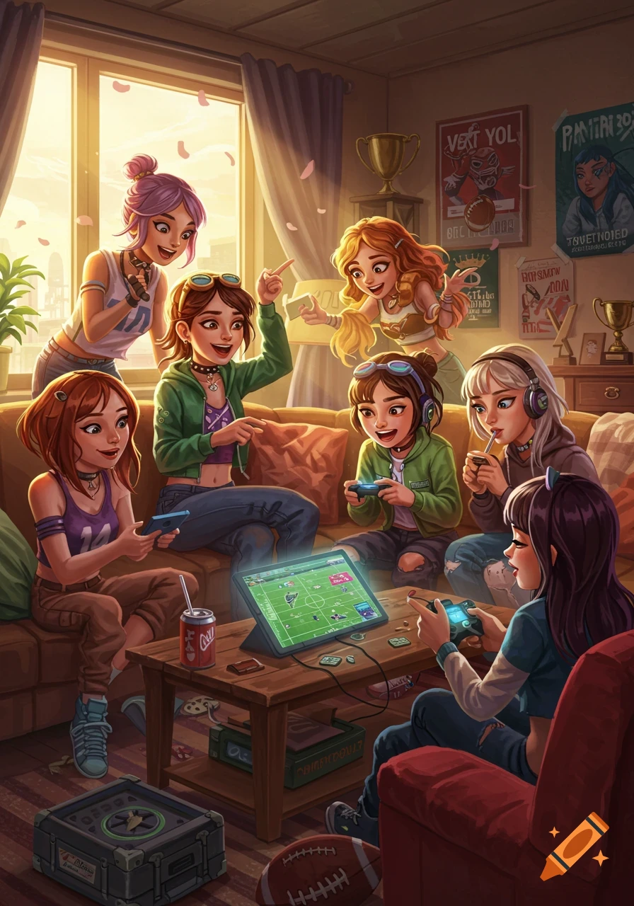 A cartoon illustration of a group of diverse young women playing video games and interacting in a cozy living room.