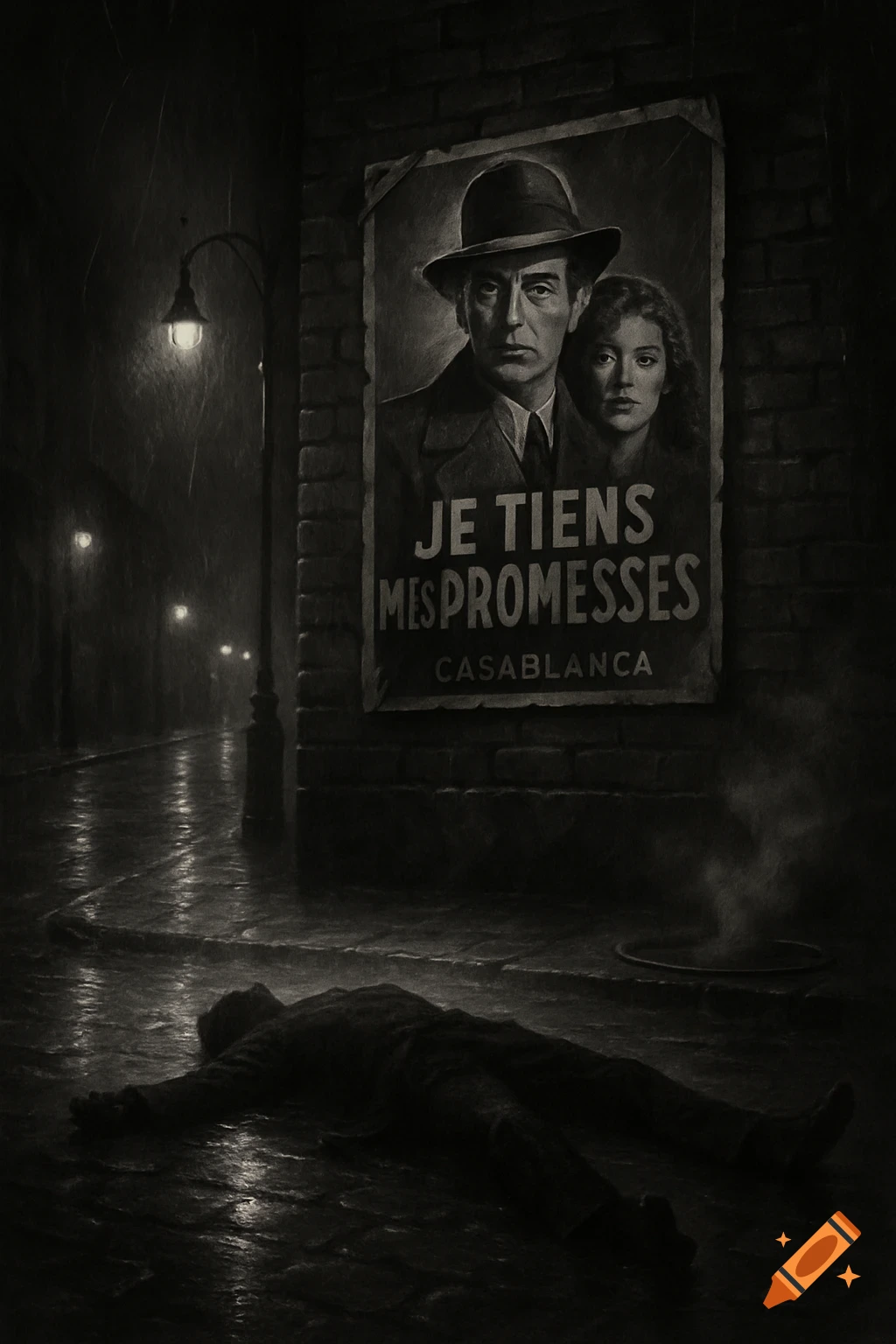 A man lies on a dark, wet street in the rain, beneath a large poster of a man and woman for 'Casablanca' on a brick wall, with streetlights in the background.