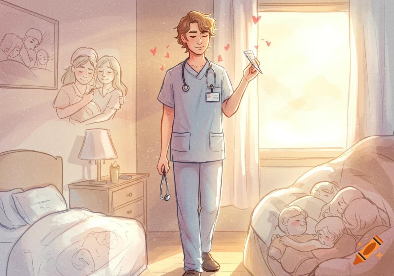A male nurse in scrubs holds a stethoscope and a card, with watercolor dream bubbles of families and babies in a sunlit room.