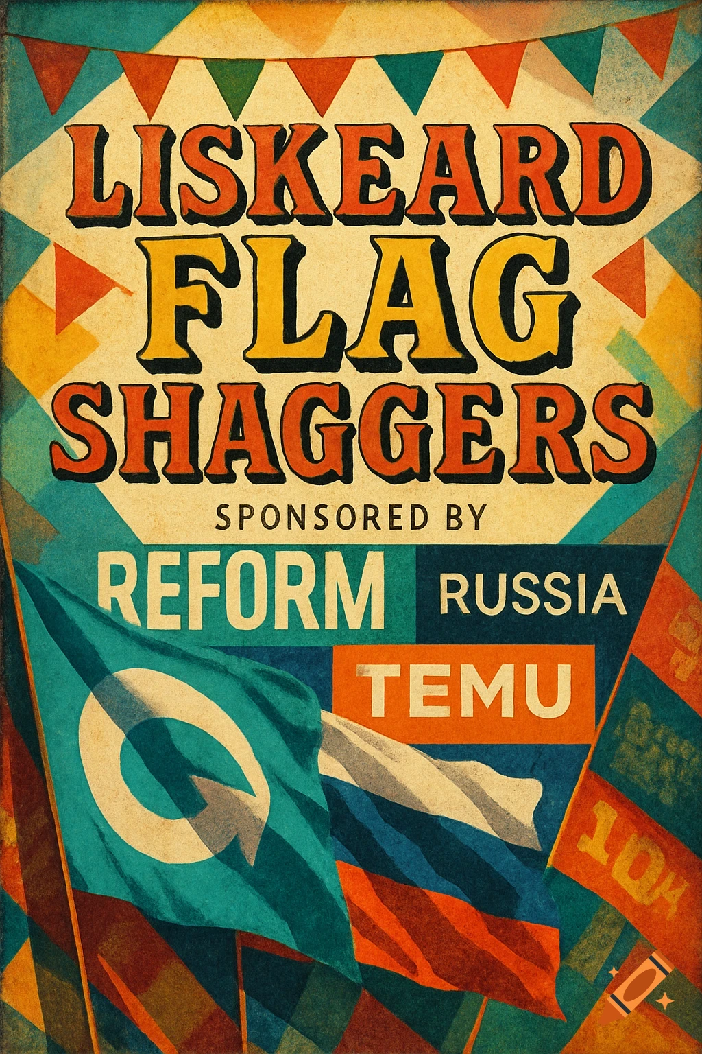 Vintage distressed poster for 'Liskeard Flag Shaggers' sponsored by 'Reform, Russia, Temu' featuring flags and bunting.