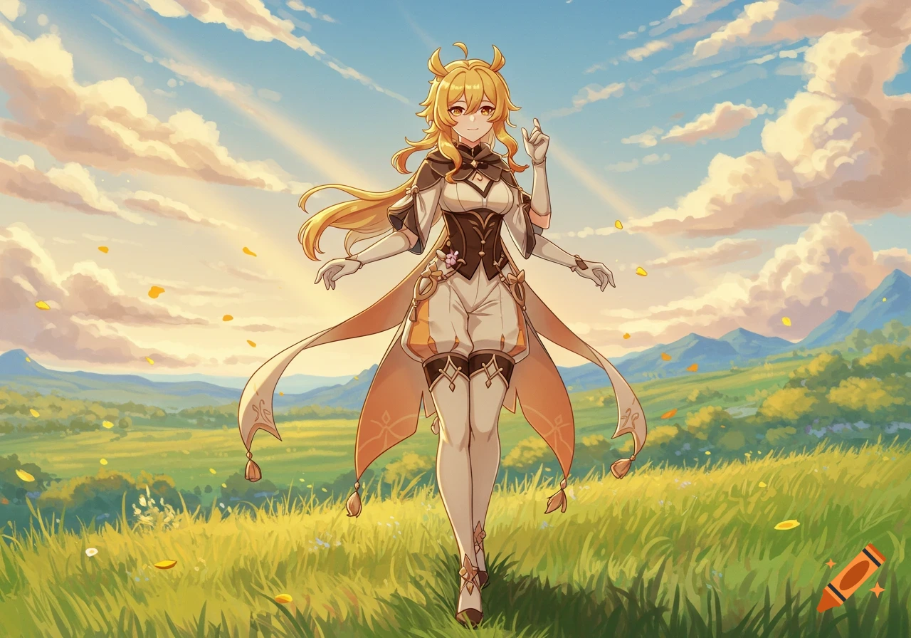 Smiling blonde anime girl in a white and brown outfit stands in a vibrant green field with mountains, golden sky, and falling petals.