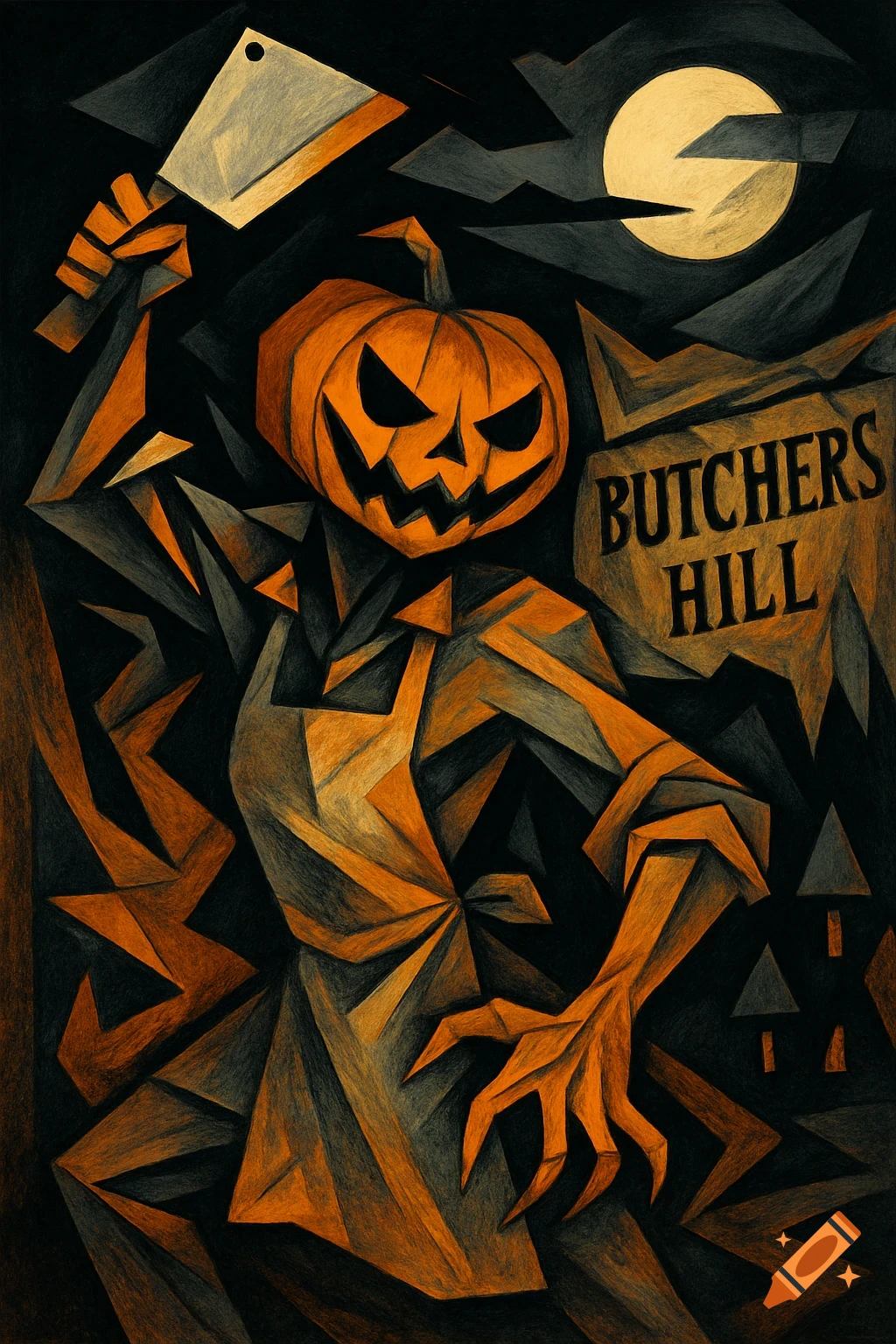 A stylized, cubist-inspired illustration of a scary jack-o'-lantern headed butcher holding a meat cleaver, with a 'Butchers Hill' sign under a full moon, in black and orange.