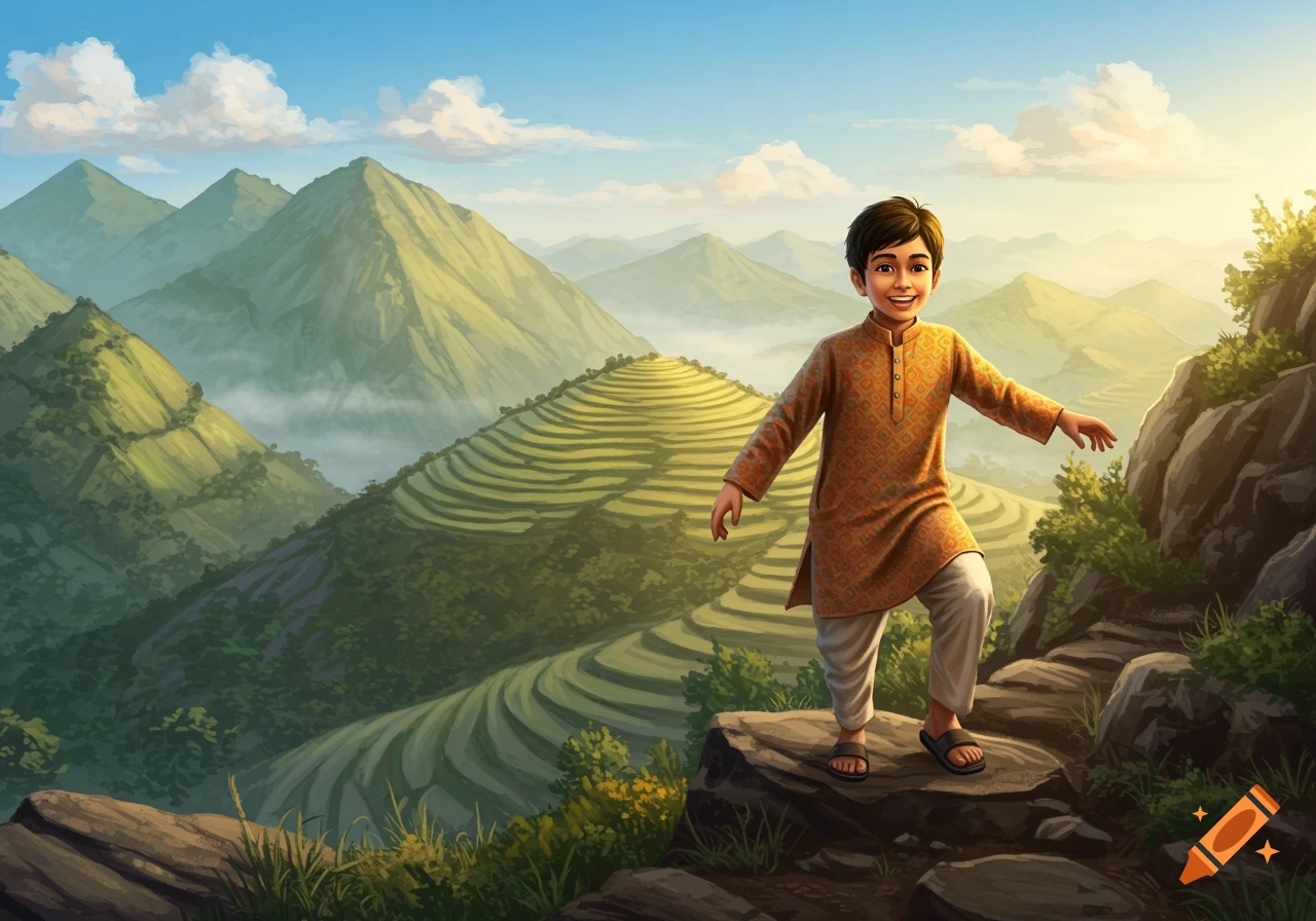 An illustrated smiling Indian boy stands on a rock on a sunny mountain, with terraced hillsides and other mountains in the background.