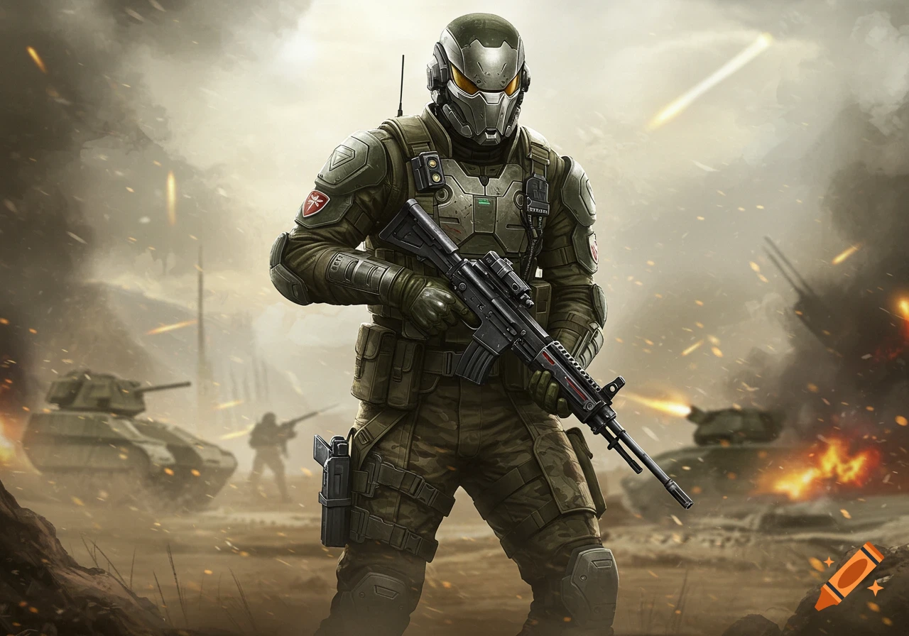 A futuristic soldier in green combat armor holds a rifle on a smoky battlefield with tanks and explosions.