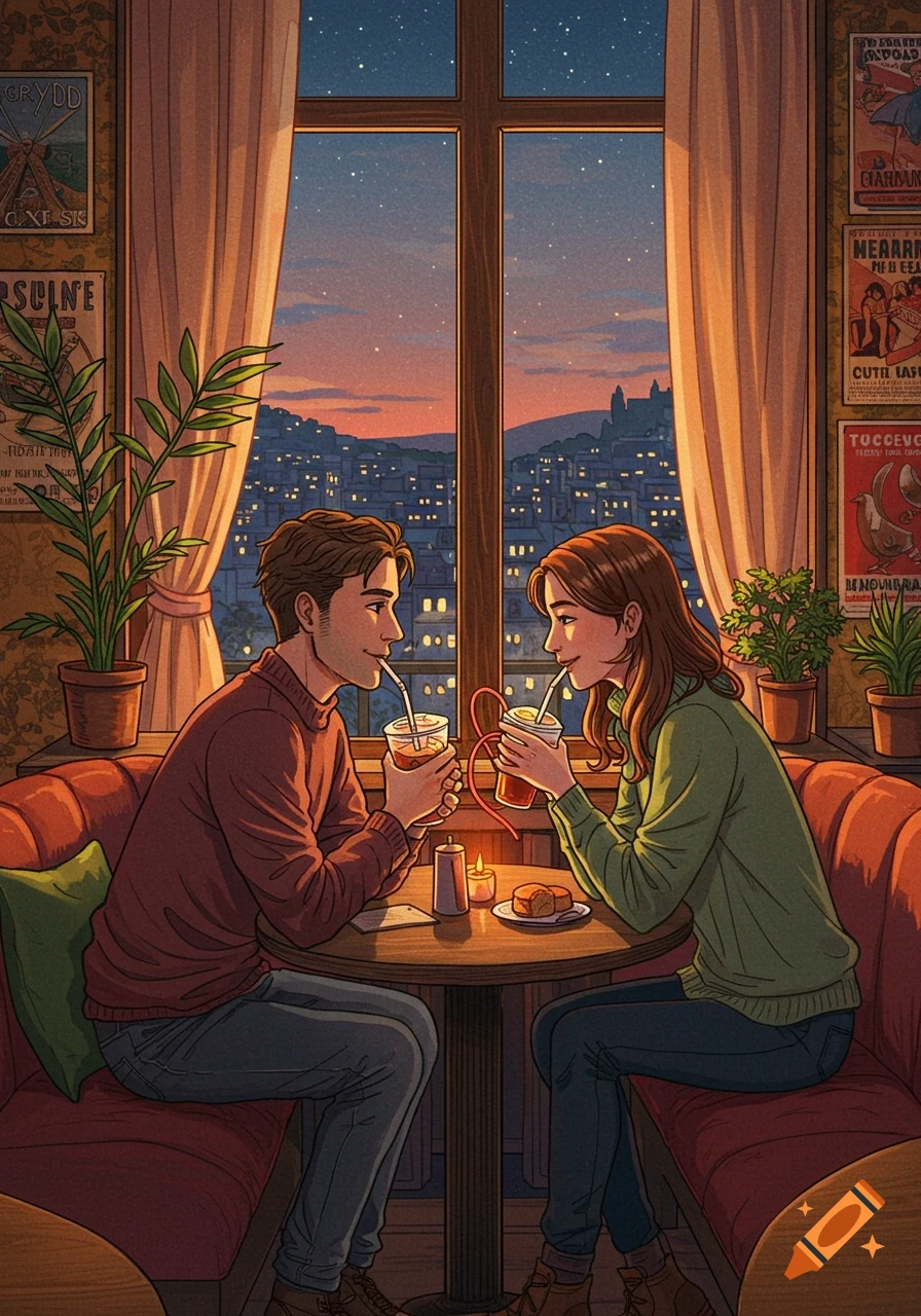 Illustrated couple on a romantic date in a cozy cafe at dusk, drinking with two straws, city lights visible outside.