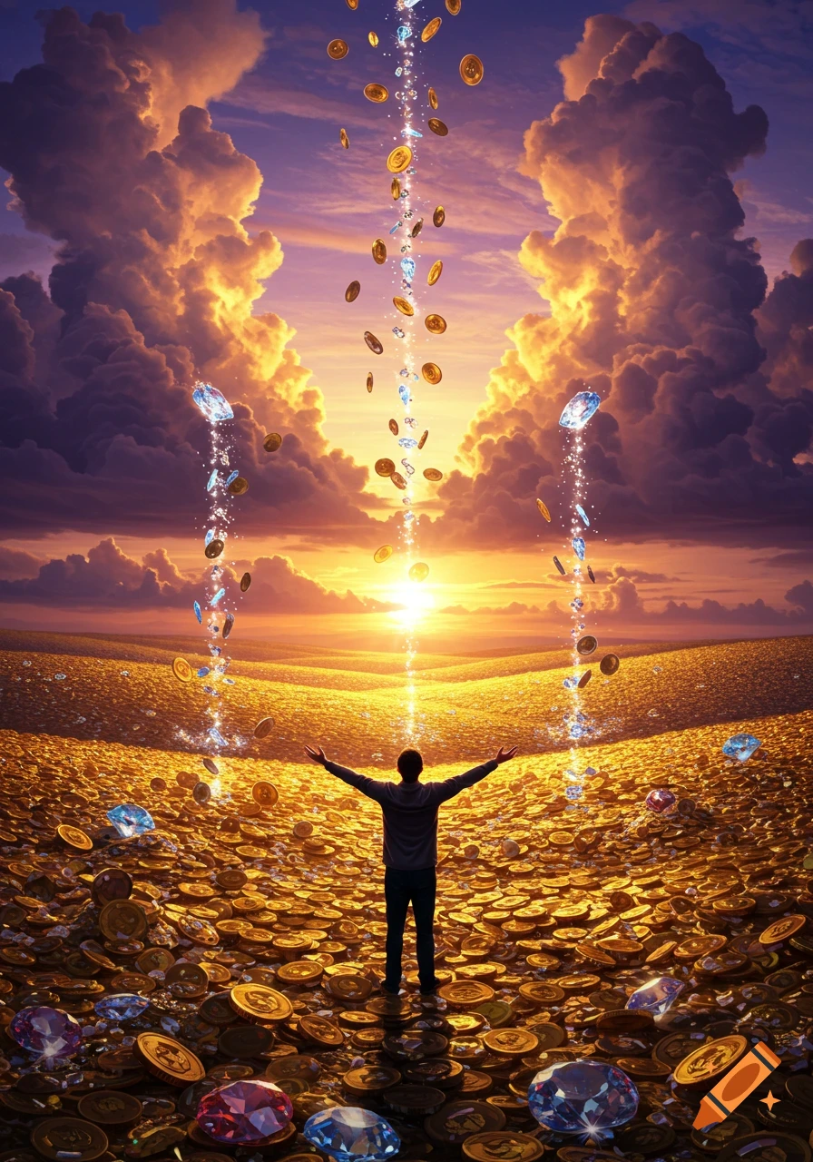 A person stands with arms outstretched in a vast field of gold coins and jewels, as more money rains down from a dramatic sunset sky.