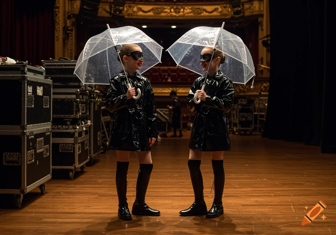 Two young girl dancers in black raincoats, masks, and boots hold clear umbrellas on a theatre stage.