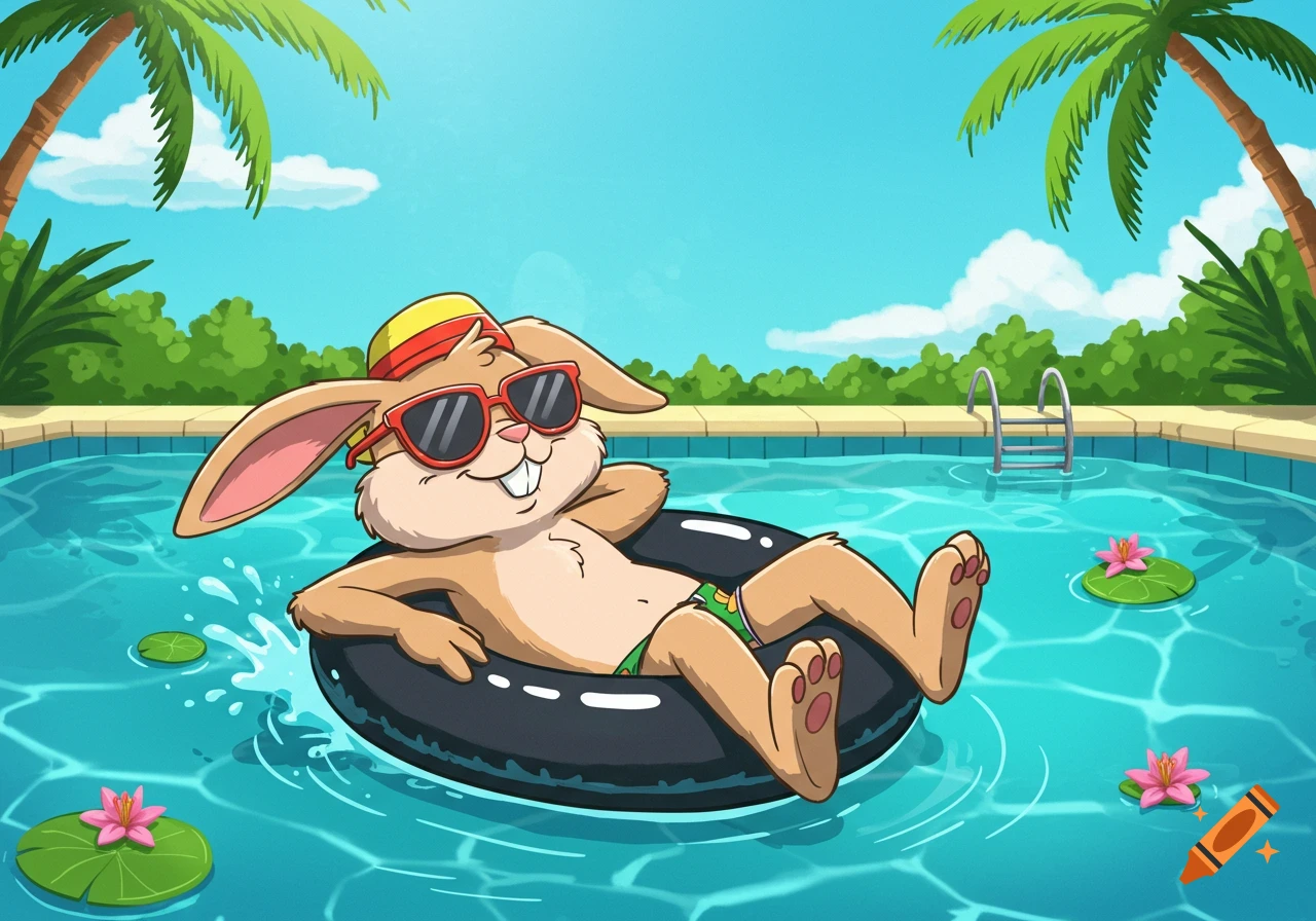 A cartoon anthropomorphic rabbit wearing sunglasses and a hat floats on a black inner tube in a blue swimming pool with palm trees.
